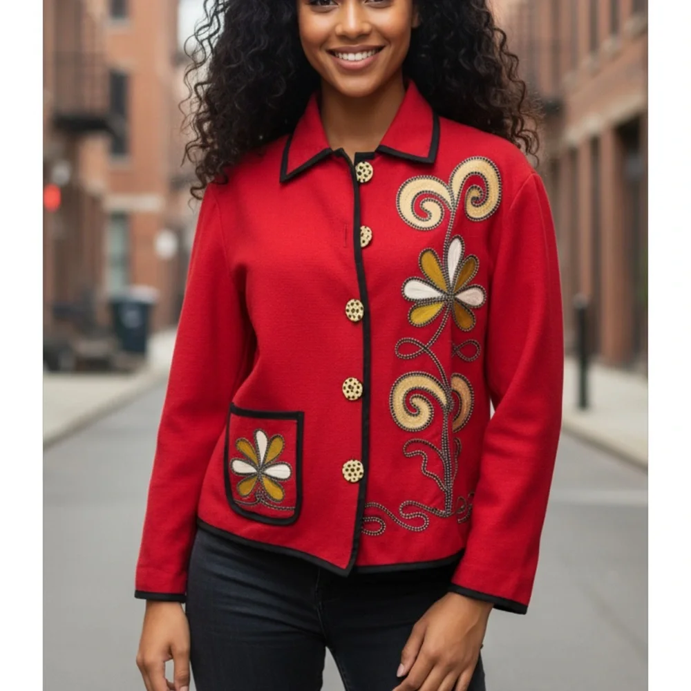 Vintage Indigo Moon Embroidered Red Floral Jacket - Picture 11 of 11